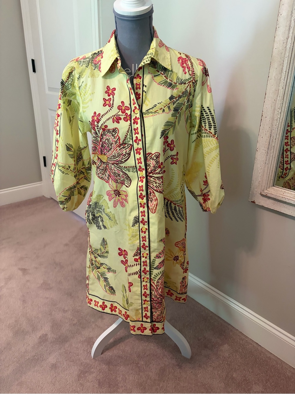 Maude Vivante Yellow Floral Dress with Pink & Green Leaf Print